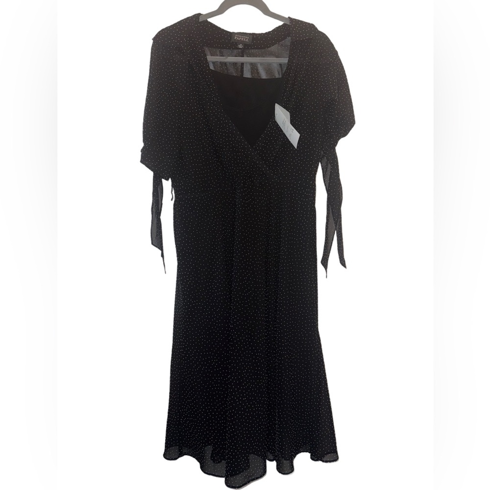 Adrianna Papell Navy Cream Polkadot Lined Tie Sleeve Midi Fit & Flare Dress NWT